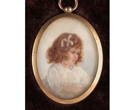 * English School. Oval portrait of a young girl, early 20th century, watercolour on ivory, half-length portrait half profile 