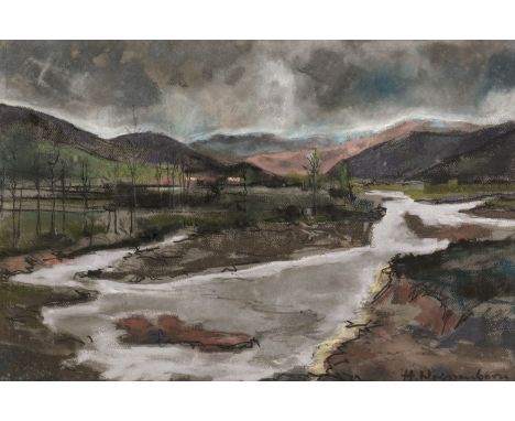 * Weissenborn (Hellmut, 1898-1982). River Landscape in Asturias, North West Spain, coloured chalks, and black ink on brown pa