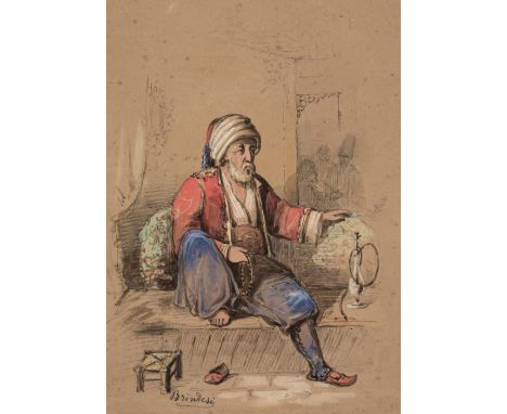 * Brindesi (Giovanni, 1826-1888). Ottoman Gentleman at rest, watercolour, pencil and white chalk on pale brown wove paper, si