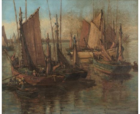 * Cobbett (Hilary Dulcie, 1885-1976). Fishing Boats in the Harbour, Brittany, circa 1930s, oil on canvas, signed lower right,