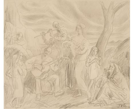 * John (Augustus Edwin, 1878-1961). Strolling Musicians, circa 1920, pencil on cream wove paper, signed lower right, a variat