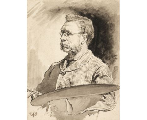 * Wilson (Thomas Walter, 1851-1912). Portrait of Colin Hunter ARA, pen, ink, &amp; wash, half-length portrait half-profile to