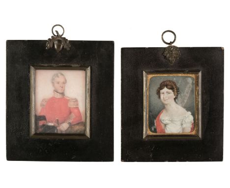 * Miniatures. Portrait of a Senior Officer of the British Army and another of his wife, c.1830, watercolour on ivory, 7.5 x 7