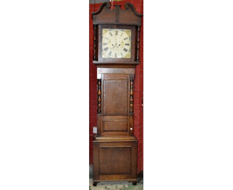 An oak and mahogany inlaid longcase clock, William and C***, Bangor, eight day movement.