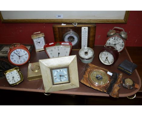 Vintage alarm clocks including Junghans Bivox; Bayeux travelling alarm clock; wall mounted weather station; vintage Jaeger ti