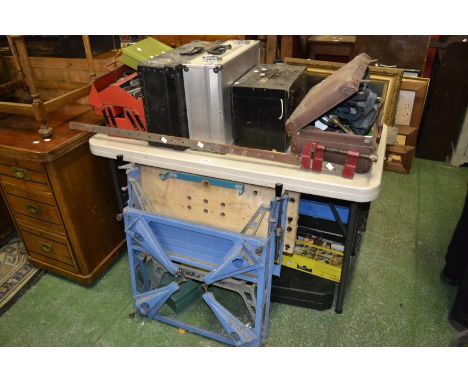 Britool tool box tools, a jiger saw, boxed mini tools, Black and Decker workmate, a sash clamp; etc.