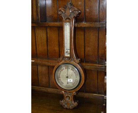 A Victorian oak barometer, engraved silvered dial, c.1880