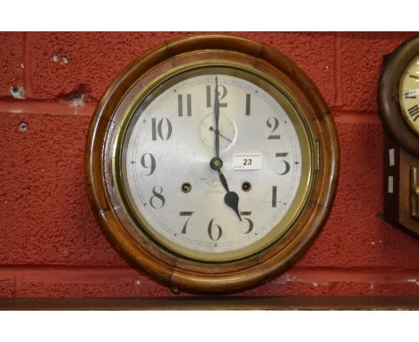 A Capital mahogany school clock, early 20th century, silvered dial, Arabic numerals, subsidiary seconds.