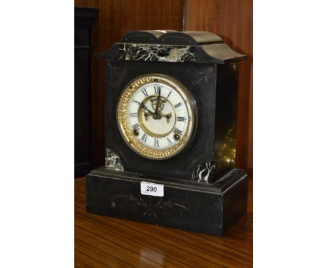 An Ansonia black slate mantel clock, double arched pediment, enamelled chapter ring, open escapement, Roman numerals, plinth 