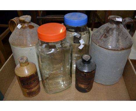 A Hollidge's Red Lion stoneware ink jar, for London county Council, with ink contents; another; two stoneware flagons; two cl