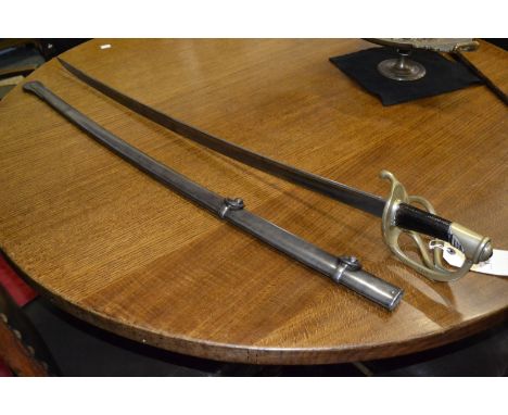 A French 1822 pattern cavalry sword, 92cm curved blade, brass guard with curved quillon steel scabbard, 112.5cm long overall