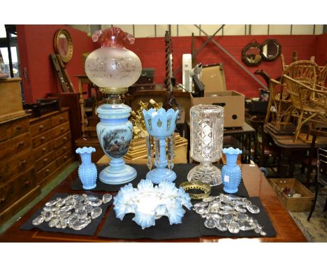 A Victorian painted turquoise glass oil lamp and shade; a table lustre; a pair of small bud vases; etc.; quantity