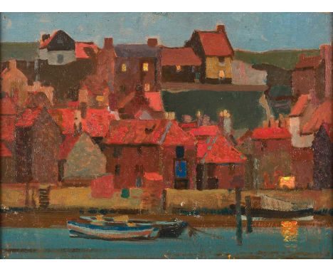 Stanley Royle ARA, ARWA (1888-1961)  Harbour with fishing village beyond at dusk, probably Mevagissey Oil on board, 28.5cm by