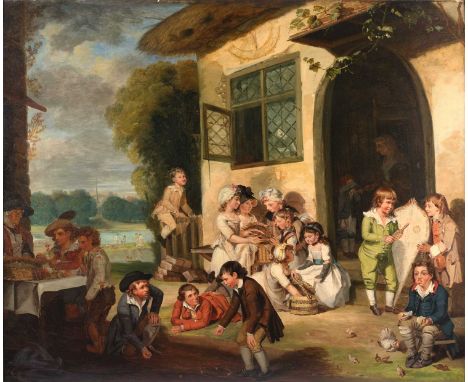 Attributed to George Carter (1737-1794)Various children outside a thatched building, possibly an early institutionSigned and 