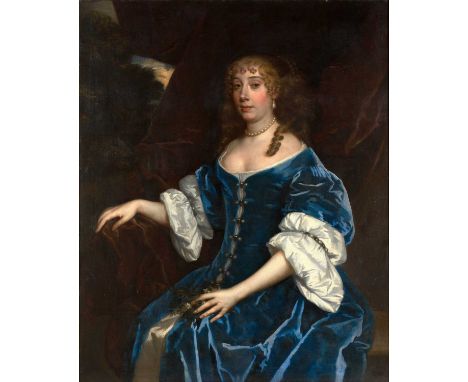 Circle of Sir Peter Lely (1618-1680) Portrait of a lady, three-quarter length seated, before a draped velvet curtain, wearing