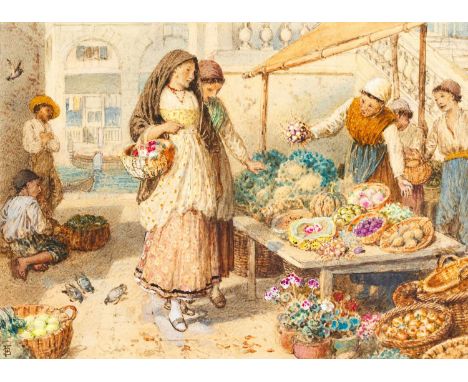 Myles Birket Foster RWS (1825-1899) Fruit Market, Venice (1879) Monogrammed, various inscribed labels verso, watercolour heig