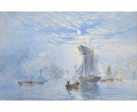 George Weatherill (1810-1890)Whitby pool by Moonlight Signed and dated 1877, pencil and watercolour heightened with white, 49