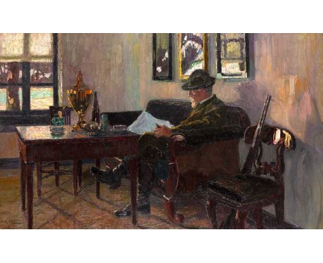 August von Brandis (1859-1947) "Interieur mit Figurim Jagd-kostüm"  Signed, with inscribed label verso, oil on canvas, 85cm b