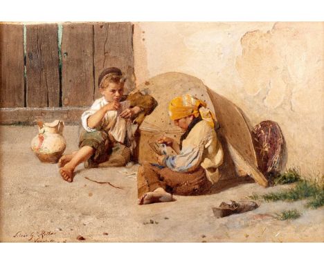 Silvio Giulio Rotta (1853–1913) Italian Street urchins playing cards Signed and inscribed “Venezia”, watercolour, 18.5cm by 2