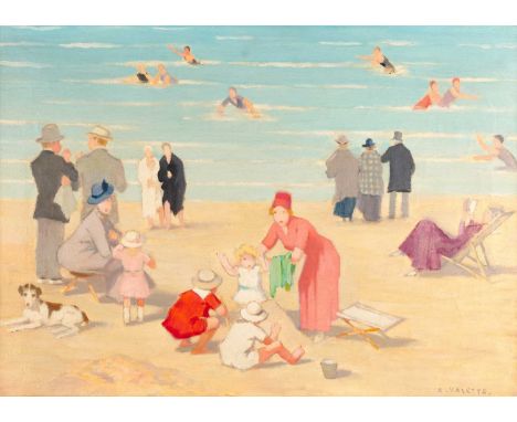 Adolphe Valette (1861-1942) French A lively beach scene, possibly Wales Signed, dated 1916 to label verso, oil on canvas, 38c