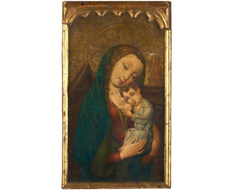 Manner of Juan Soreda (fl.1506-1537) SpanishThe Virgin and ChildOil and gilt paint on a tooled and pierced panel, 38cm by 22c