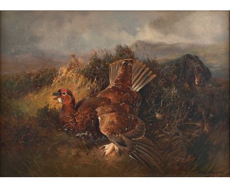 William Woodhouse (1857-1939) Sportsman and dog walking up grouse Signed, oil on canvas, 33cm by 45.5cm      Good tension, al