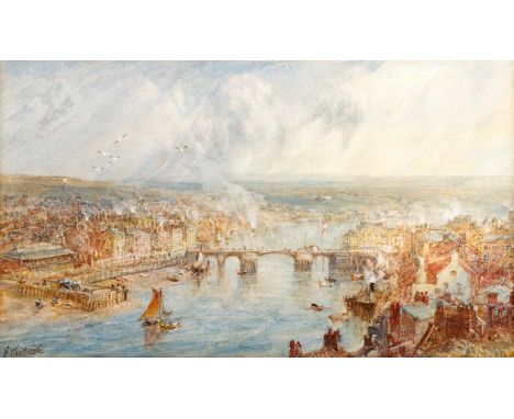 George Weatherill (1810-1890)Aerial view of the bridge at WhitbySigned, mixed media, 11.5cm by 20cmIn a broadly good state of