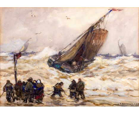 Joseph Richard Bagshawe (1870-1909)Rescuing a ship from a storm Signed and dated 1907, watercolour and gouache, 24.5cm by 34c