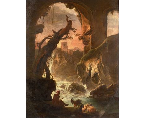 Follower of Carlo Bonavia (c.1751–1788) Italian  Rustic figure at rest with goat and sheep before a waterfall and a distant t