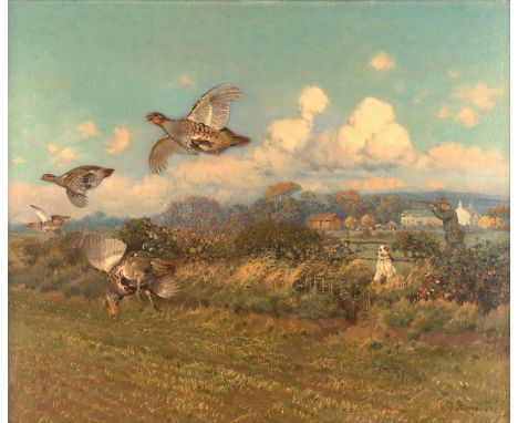 William Woodhouse (1857-1939) Partridge shooting Signed, oil on canvas, 49.5cm by 60cm  The canvas is unlined with original t