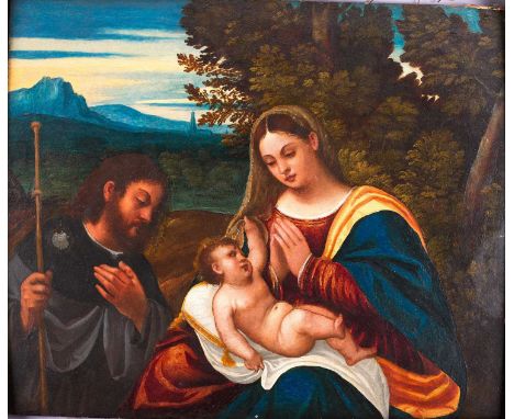 Manner of Polidoro de Lanciano (1515-1565) Italian Madonna and Child with attendant figure of St James, in a landscape Oil on
