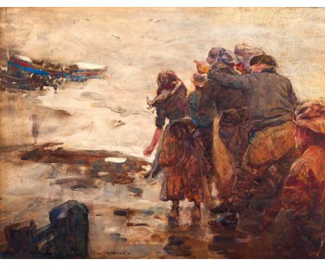 Frederick William Jackson RBA (1859-1918)Figures looking out to seaWatercolour heightened with white, 36cm by 47cmA good even