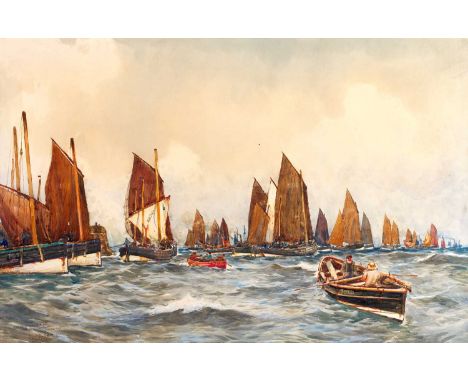 Ernest Dade (1864-1934)Scotch Herring fleet leaving ScarboroughSigned, inscribed and dated 1907, watercolour heightened with 