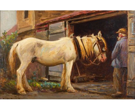 Ernest Higgins Rigg (1868-1947)Working horse going into a stableSigned, oil on panel, 31cm by 45.5cmPainted on a one-board pa