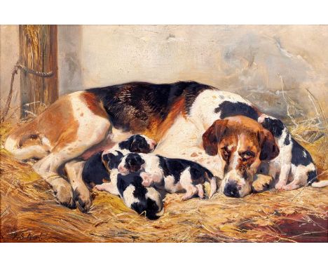 Attributed to John Sargent Noble (1848–1896) “A Mothers Care” Signed, signed and inscribed verso, oil on canvas, 29cm by 44cm