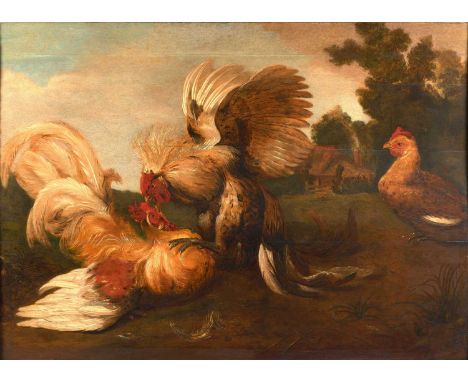 Follower of Melchior de Hondecoeter (1636–1695) Dutch Cocks Fighting With extensively inscribed, indistinct label verso, oil 