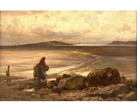 Owen Bowen ROI, PRCamA (1873-1967) Mother and child beach combing  Signed and dated (19)08, oil on canvas, 39cm by 74.5cm  Wa