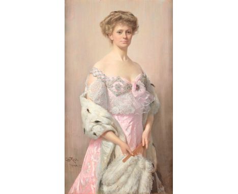 Christian Meyer-Ross (1843-1904) Norwegian Portrait of an elegant lady, three-quarter length standing, wearing a fine pink ev