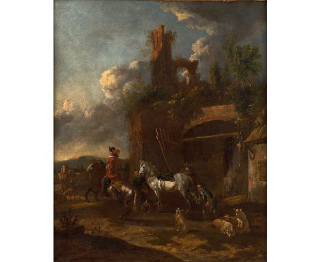 Circle of Philips Wouwerman (1619-1688) Dutch  Travellers tending the horses at ruins Oil on canvas, 90cm by 73.5cm Provenanc