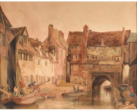 Peter de Wint OWS (1784-1849) "Old Cottages, Lincoln" With inscribed label verso, watercolour with scratching out, 40.5cm by 