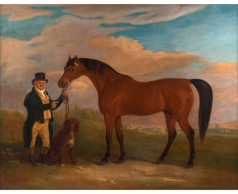 John Ferneley Snr. (1782-1860) A gentleman standing in a landscape, holding the reins of a chestnut hunter  Signed and indist