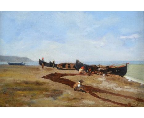 Circle of Giovanni Costa (1826-1903) ItalianMending the netsOil on canvas laid on board, 15.5cm by 24cmOil on canvas, laid on