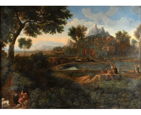 Circle of Gaspard Dughet (1615-1675) French An extensive Classical landscape with figures and exercising horses Oil on canvas