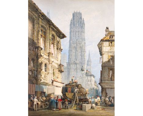 Samuel Prout OWS (1783-1852) "Cafe de la Place, Rouen" Signed, watercolour, 70.5cm by 52.5cmSold together with the loose orig