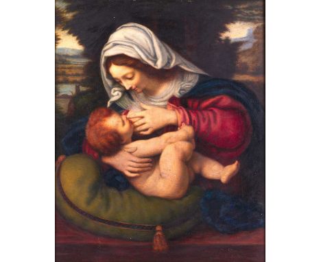 After Andrea Solario (1460-1522) Italian "Madonna with the Green Cushion" Oil on panel, 59cm by 47.5cm The original of the pa