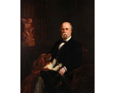 Attributed to Benjamin Cam Norton (1835-1900)Portrait of a gentleman seated in his library, wearing a black suit, with his at