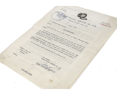 A Rare & Important Zunow Optical Industry Co. Pre-Release Letter To Photographic Retailers, dated 3rd Feb 1958, out-lineing t