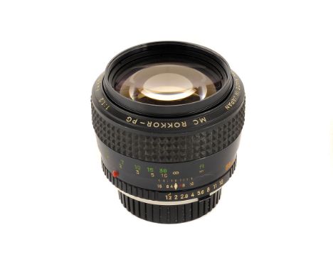 A Minolta Rokkor-PG f/1.2 58mm Lens, black, serial no. 2599061, body, G-VG, elements, VG, some very light internal haze