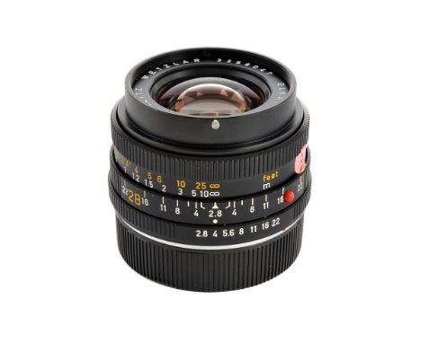 A Leitz Elmarit-R f/2.8 28mm Lens, black, serial no. 3368047, body, VG, elements, VG, some light internal haze, with caps and