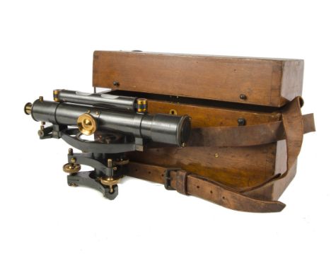 A Thornton, Manchester anodised brass Dumpy Level, with adjustable tripod base and compass, in fitted mahogany case, 330mm lo